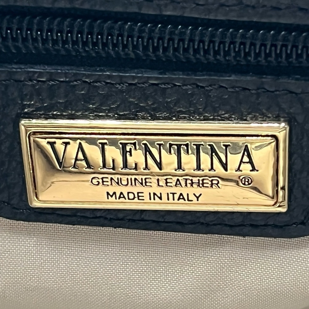 Valentina Pebbled Italian Leather Satchel Bag Navy Tan Top Handle Crossbody - Picture 9 of 14